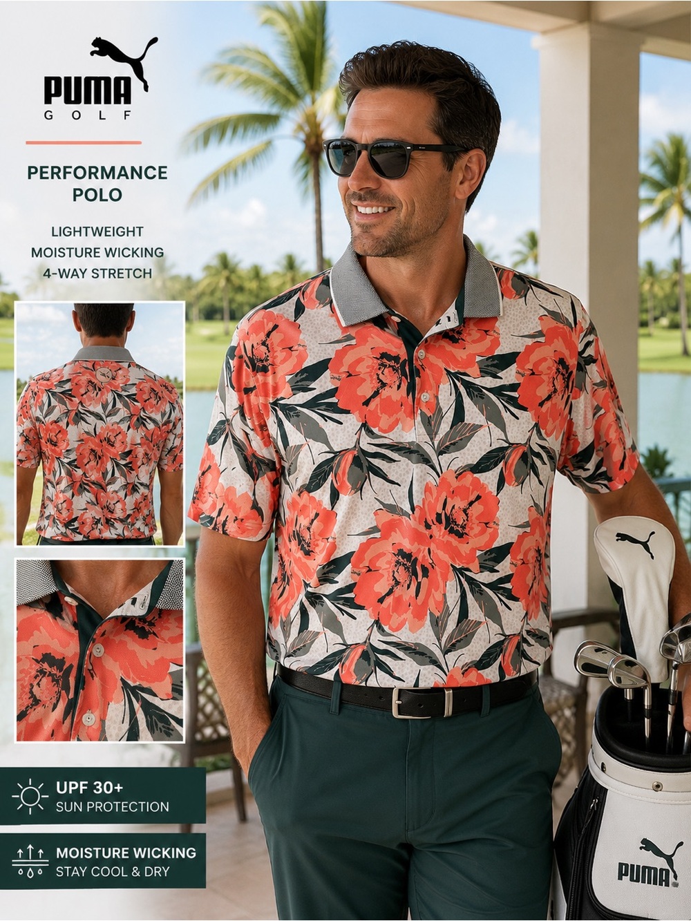 PUMA Golf Men’s Large Floral Performance Polo Shirt Coral Green Tropical Print